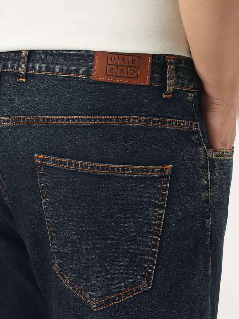Plus Men's Dark Blue Straight Fit Heavy Washed Jeans Stretchable — photo 6