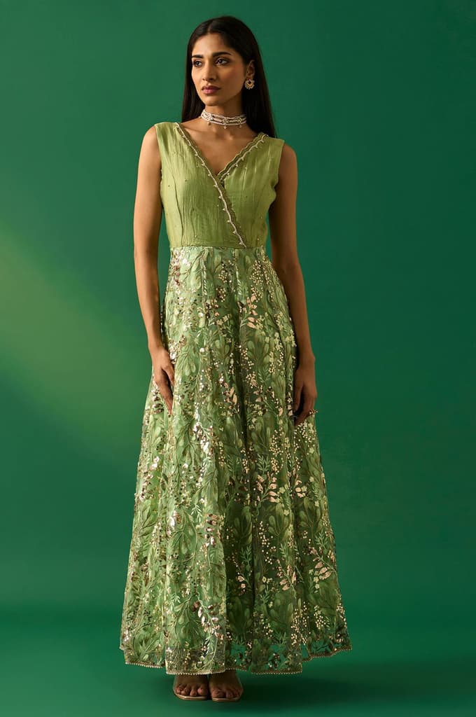 Green Embroidered Anarkali Tissue Dress with Churidar and Dupatta Set — photo 6