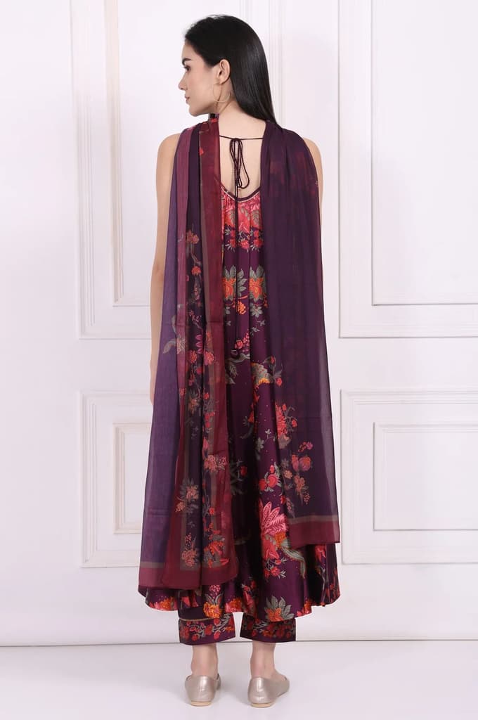 Purple Floral Printed Embellished Anarkali Satin Kurta with Straight Pant and Dupatta Set — photo 5