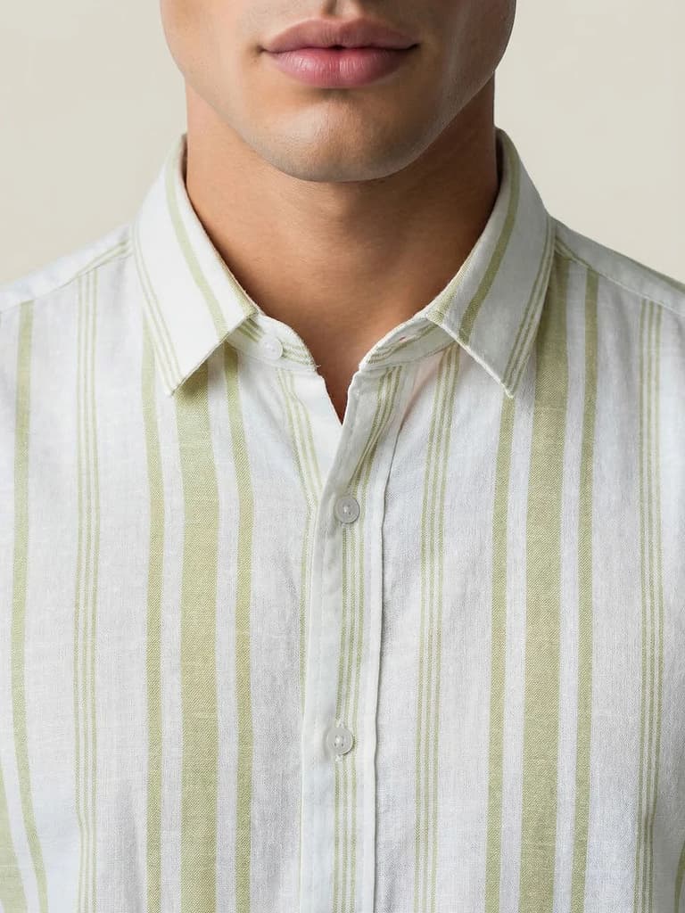 Men's Light Green Cotton Full Sleeve Relaxed Fit Linen Striped Shirt with Spread Collar — photo 5