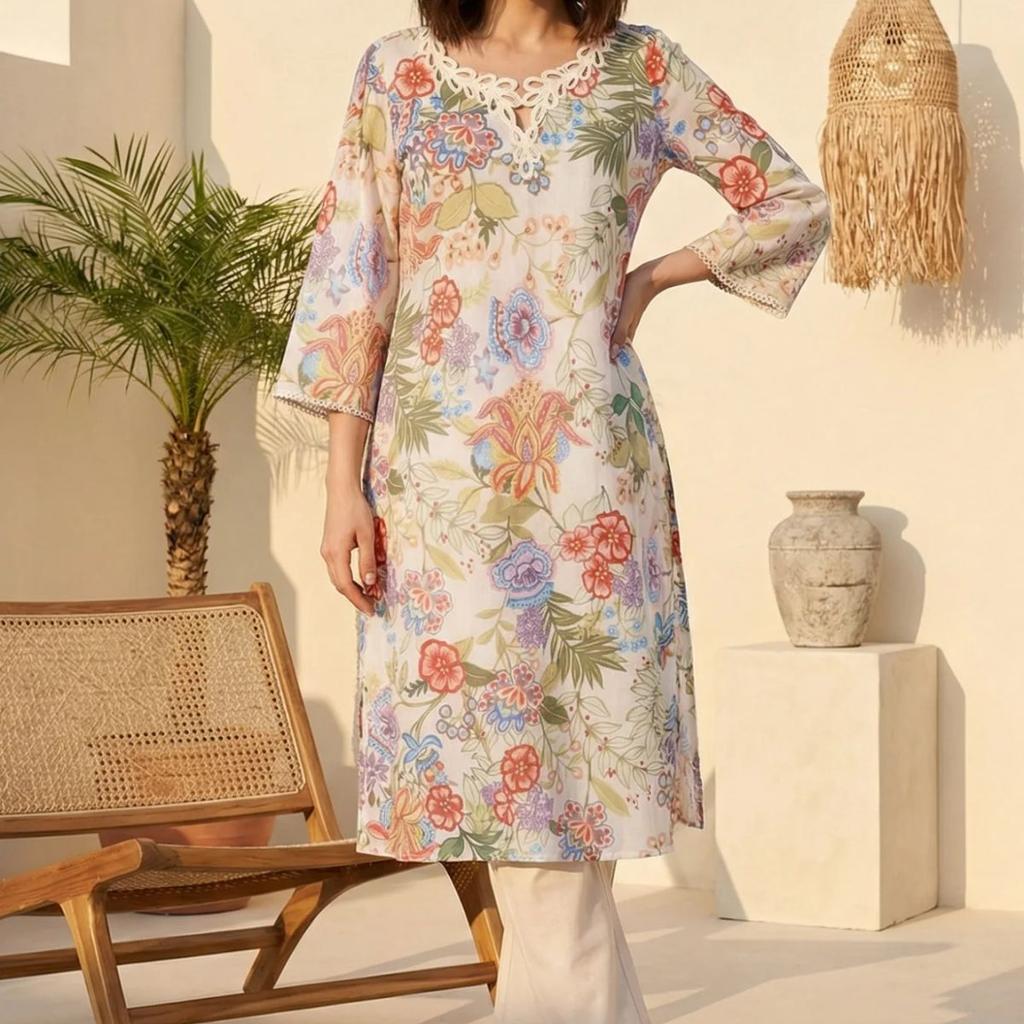 Off White Floral Printed Pure Cotton Straight Kurta with Lace