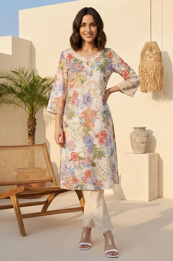 Off White Floral Printed Pure Cotton Straight Kurta with Lace — XS