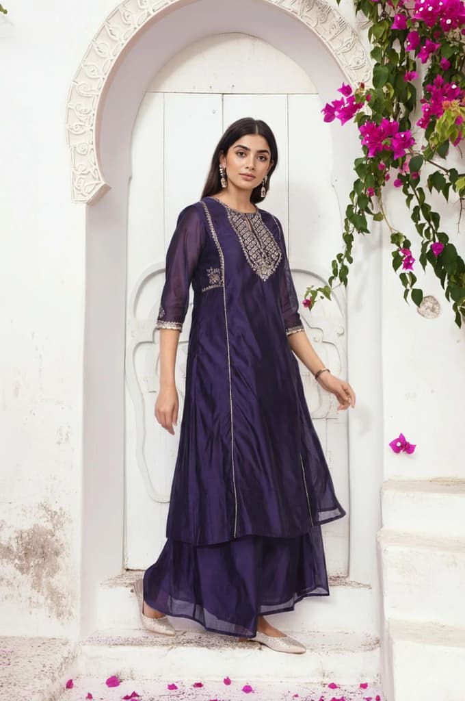 Purple Embroidered A-Line Chanderi Kurta with Flared Pant and Dupatta Set — photo 4