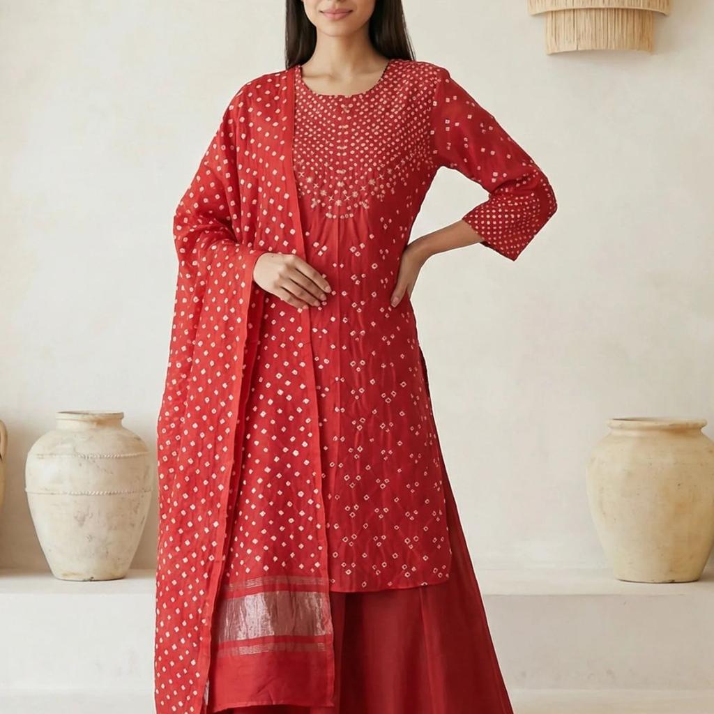 Red Bandhni Mirror Work Silk Blend Straight Kurta with Pant and Dupatta Set