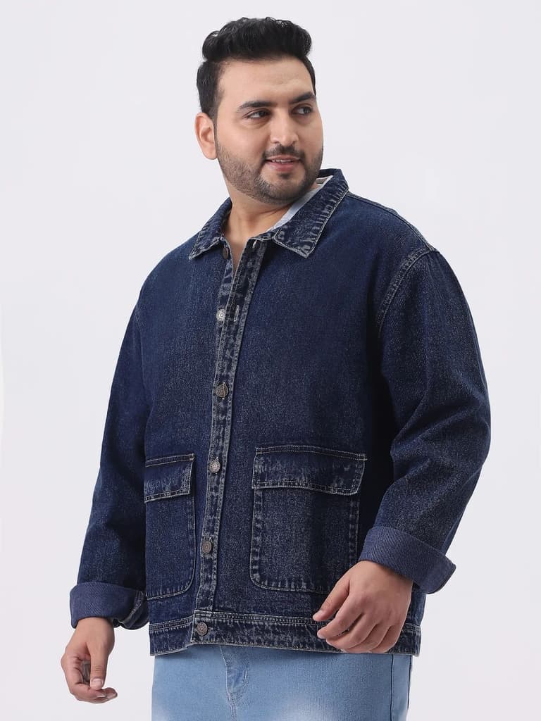 Plus Men's Dark Blue Relaxed Fit Full Sleeve Utility Denim Jacket — photo 3