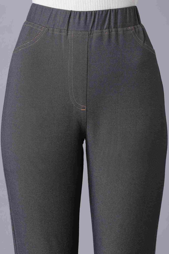 Grey Solid Skinny Fit Cotton Jeggings With Elasticated Waist — photo 6
