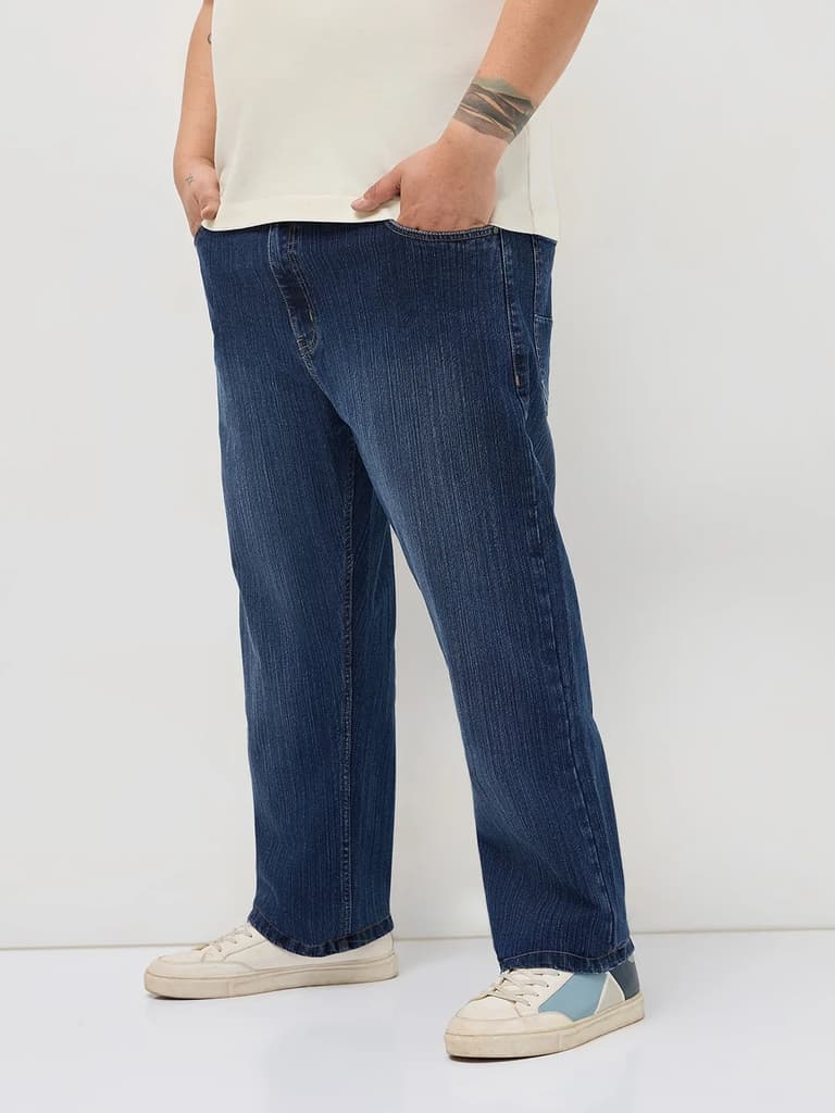 Plus Men's Blue Straight Fit Washed Denim Jeans Stretchable — photo 2