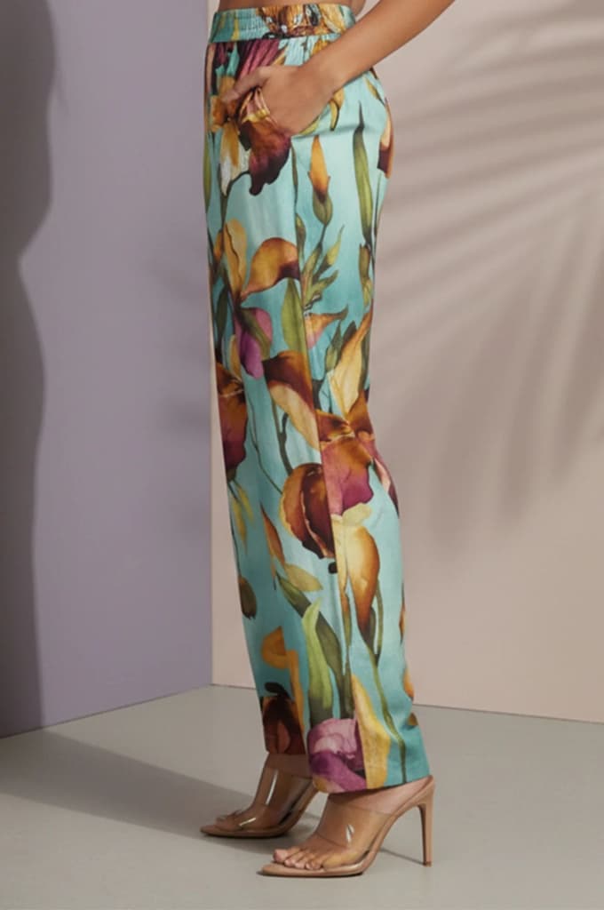 Turquoise Blue Floral Printed Straight Ankle Length Pants — photo 5