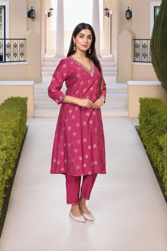 Magenta Embroidered Jacquard A-Line Kurta with Straight Pant and Dupatta Set — photo 4