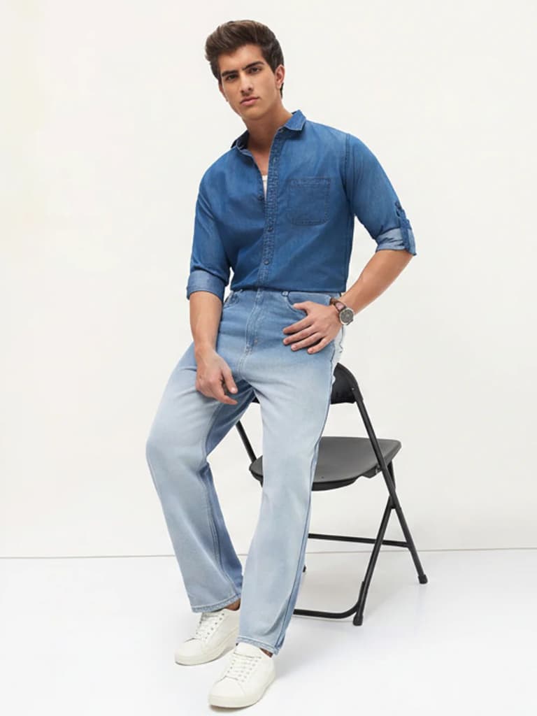 Men's Light Blue Loose Baggy Fit Heavy Washed Faded Denim Jeans Non-Stretchable — photo 4