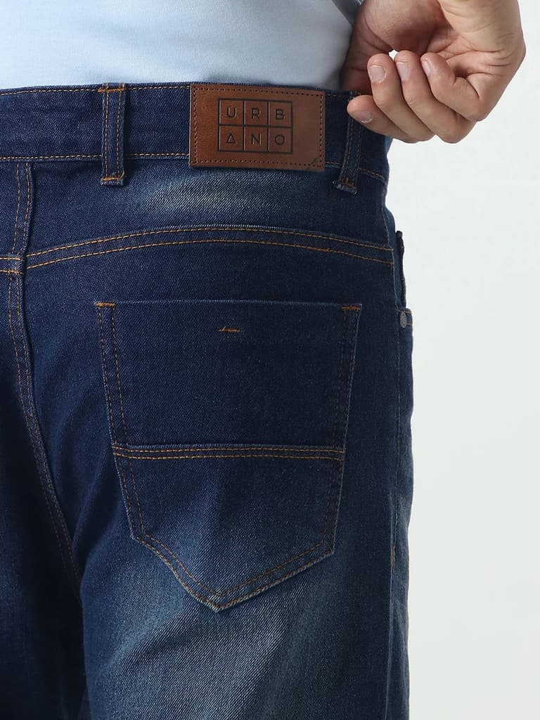 Men's Dark Blue Straight Fit Heavy Washed Jeans Stretchable — photo 5