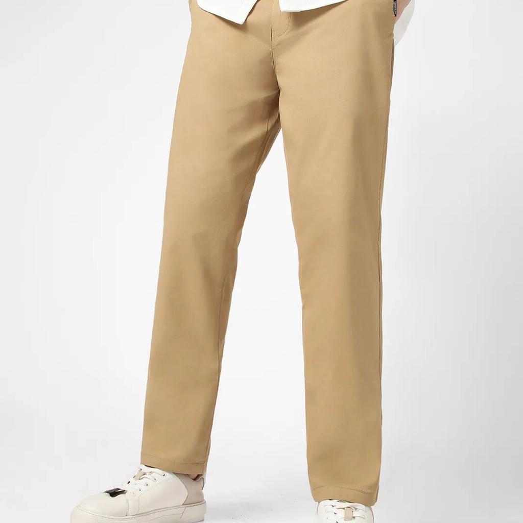Men's Khaki Cotton Regular Fit Casual Chinos Trousers Stretch