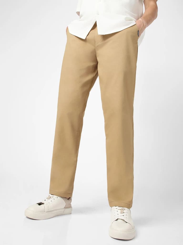 Men's Khaki Cotton Regular Fit Casual Chinos Trousers Stretch — 28 / Khaki