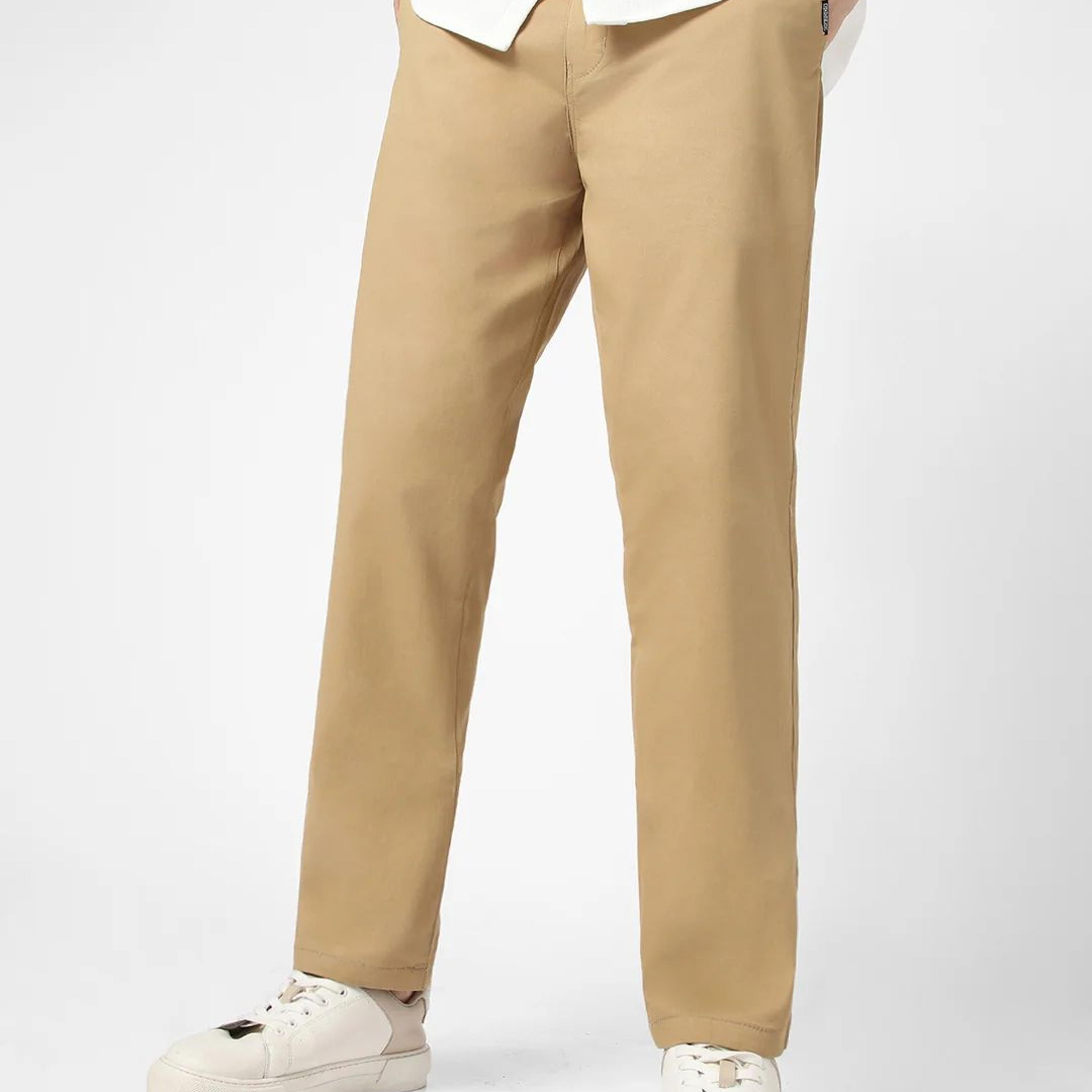 Men's Khaki Cotton Regular Fit Casual Chinos Trousers Stretch