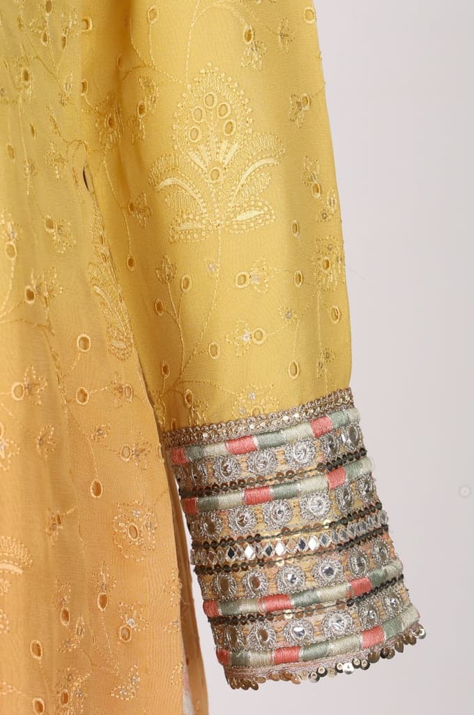 Yellow Ombre Thread Embroidered Georgette Straight Kurta with and Dupatta Set — photo 7