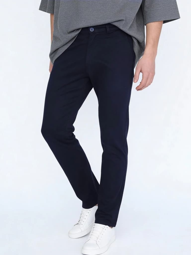 Men's Navy Straight Fit Mid Rise Cotton Casual Chinos Trousers Stretch — photo 2