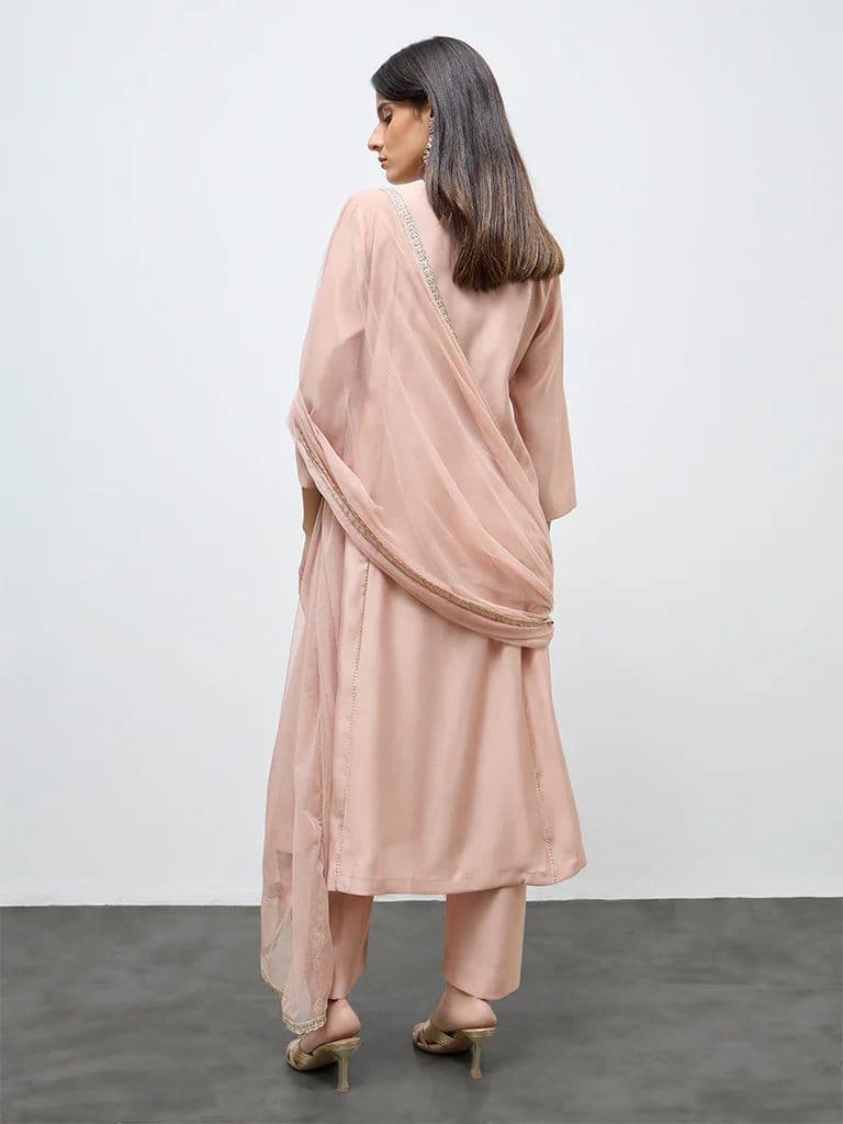 Vark Peach Floral Embroidered A-Line Ethnic Set — photo 4
