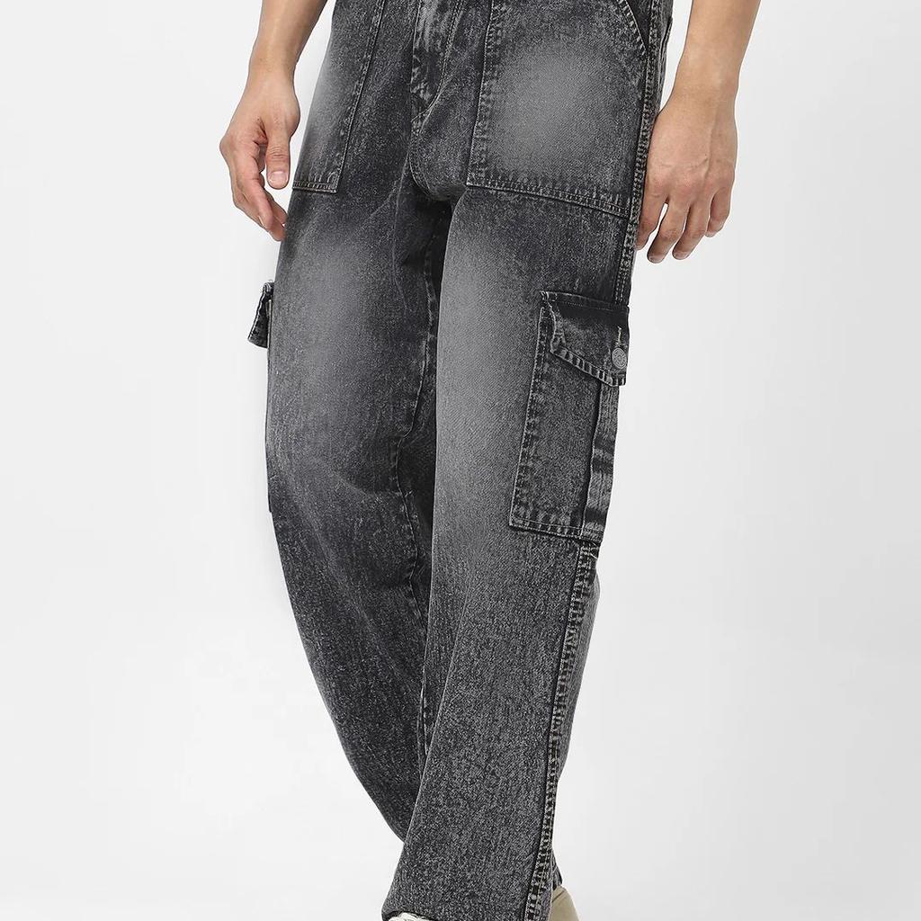 Men's Grey Loose Fit Cargo Jeans With 6 Pockets Non Stretchable
