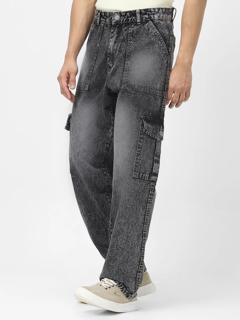 Men's Grey Loose Fit Cargo Jeans With 6 Pockets Non Stretchable — 28 / Grey