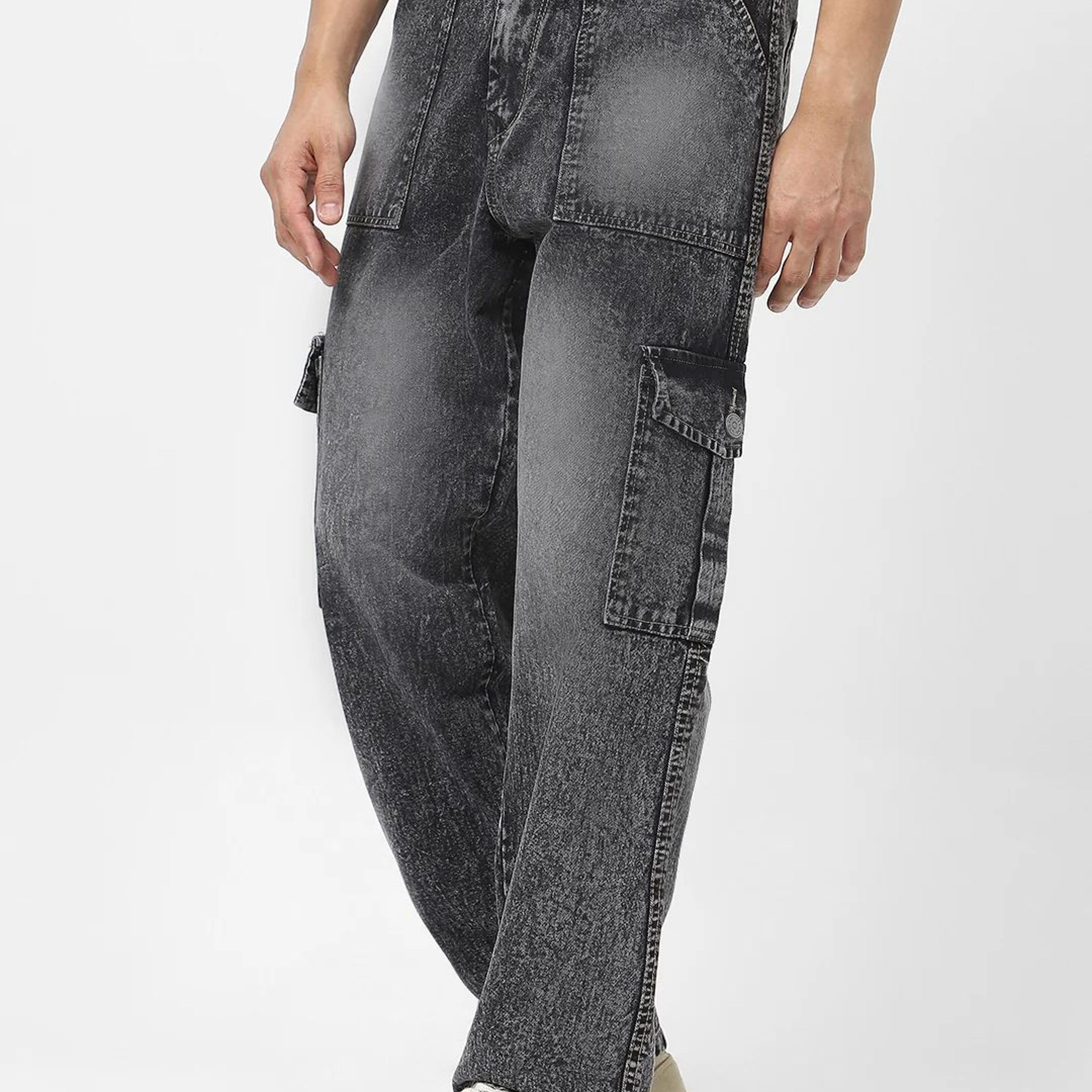 Men's Grey Loose Fit Cargo Jeans With 6 Pockets Non Stretchable