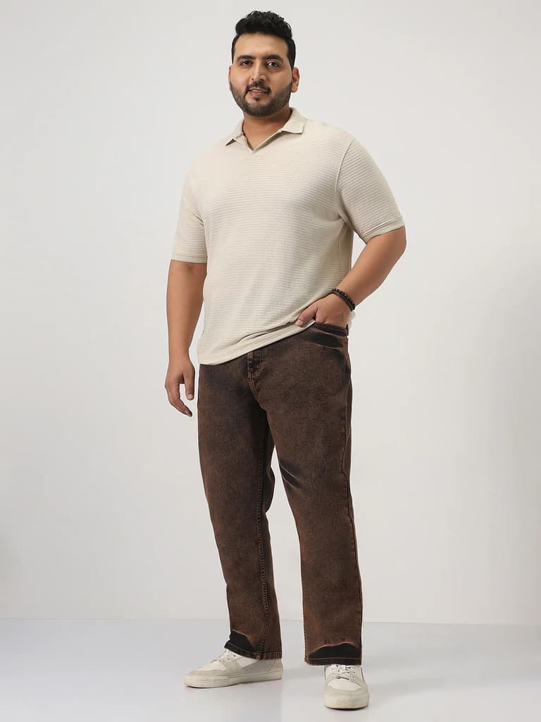 Plus Men's Light Brown Straight Fit Heavy Washed Jeans Stretchable — photo 4