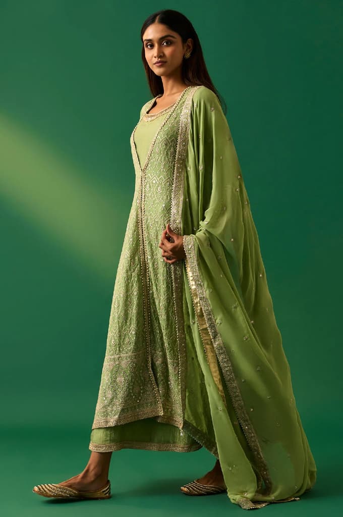Green Embroidered Anarkali Dress with Churidar and Dupatta Set — photo 3