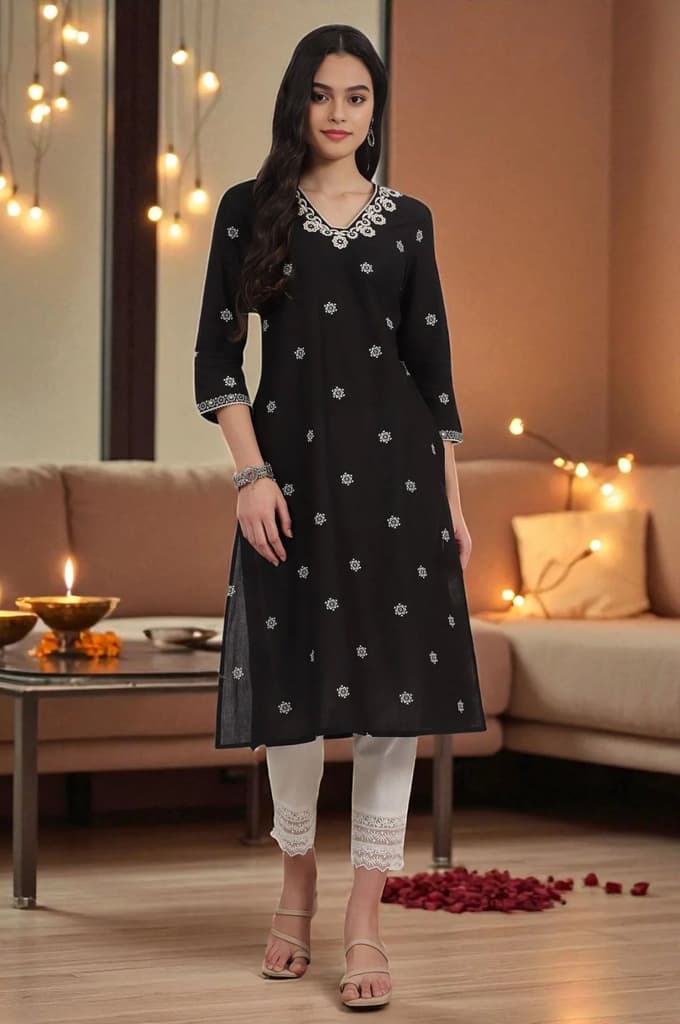 Black Bandhani Printed Pure Cotton Straight Kurta — XS