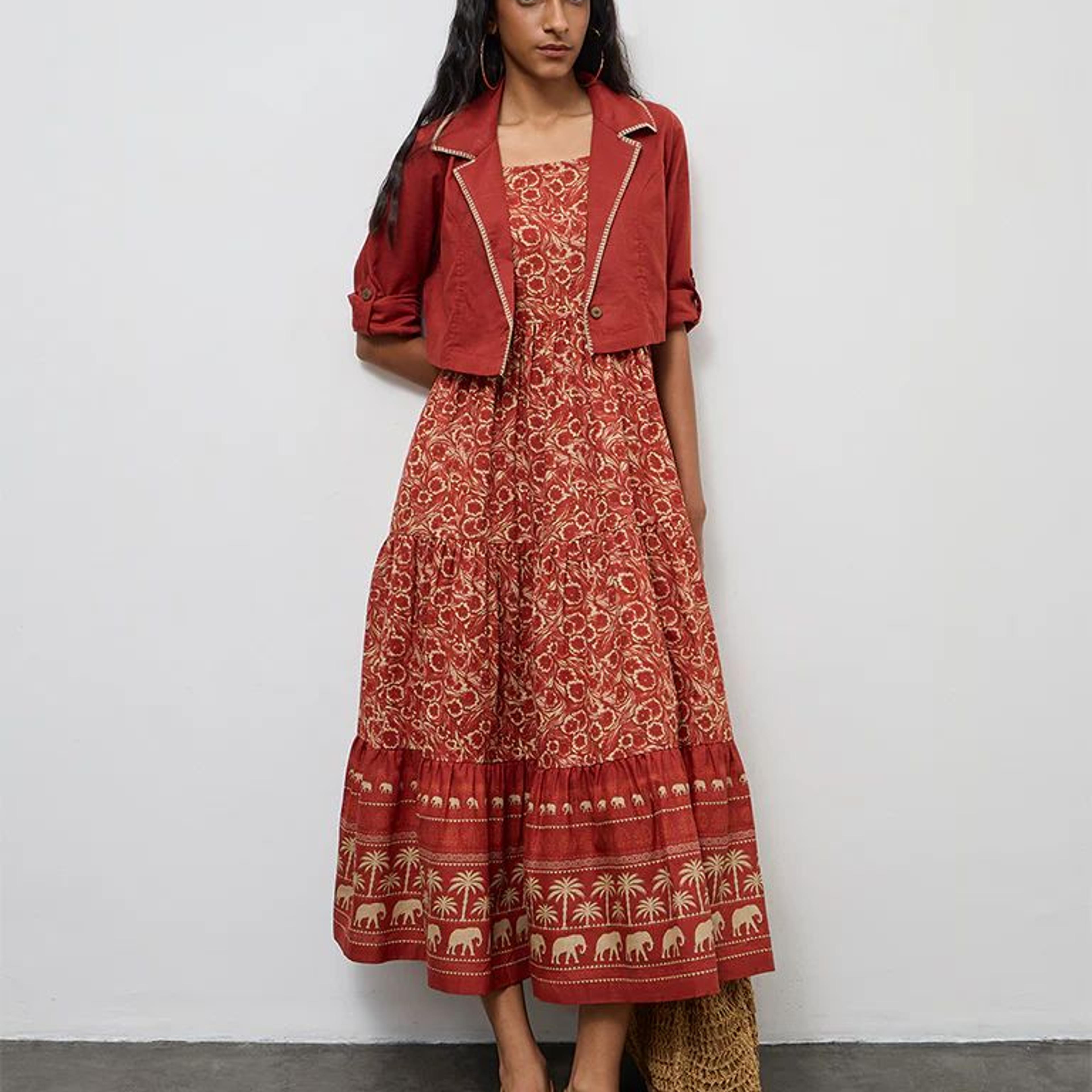Bombay Paisley Rust Cotton Tiered Dress with Jacket Set