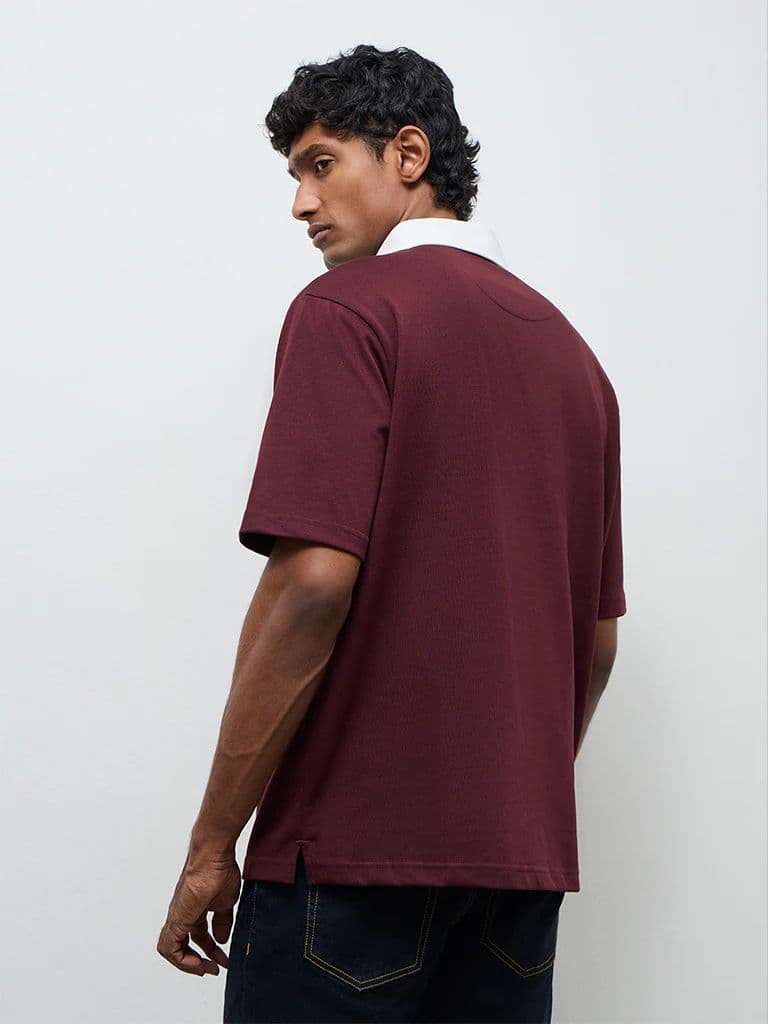 WES Casuals Wine Relaxed-Fit Cotton-Blend Polo T-Shirt — photo 5
