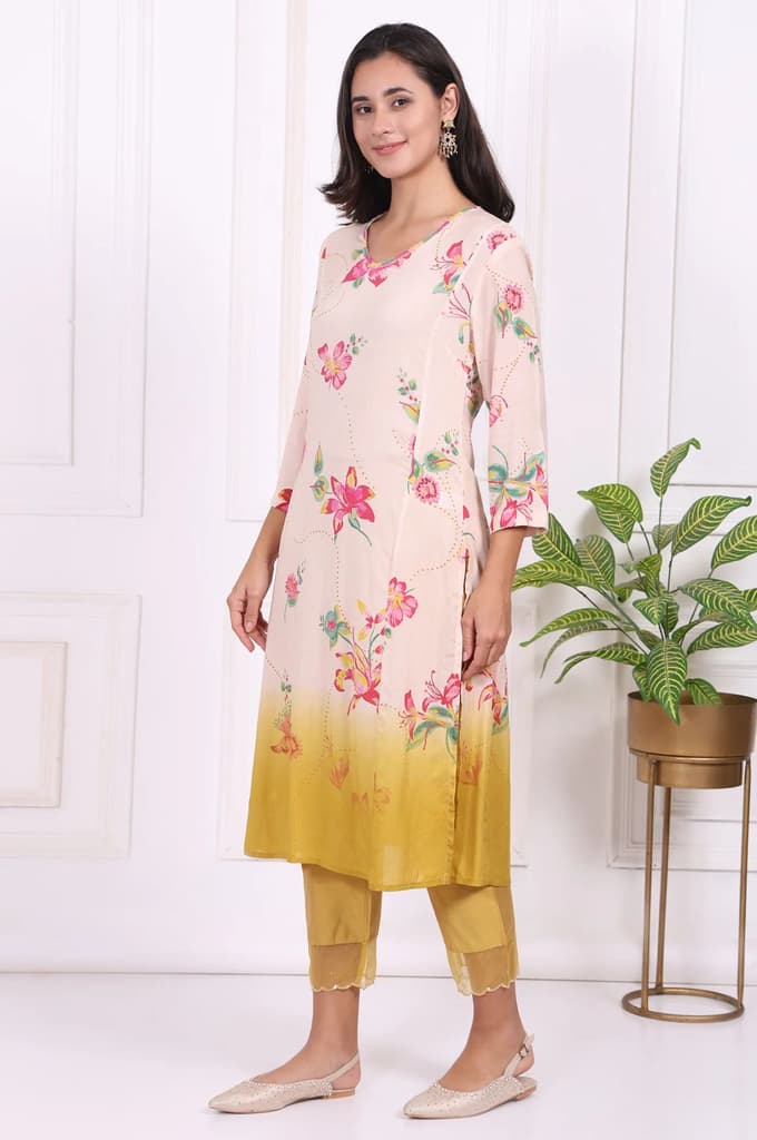 Off-White Floral Printed Modal A-Line Kurta with Straight Pant and Dupatta — photo 4