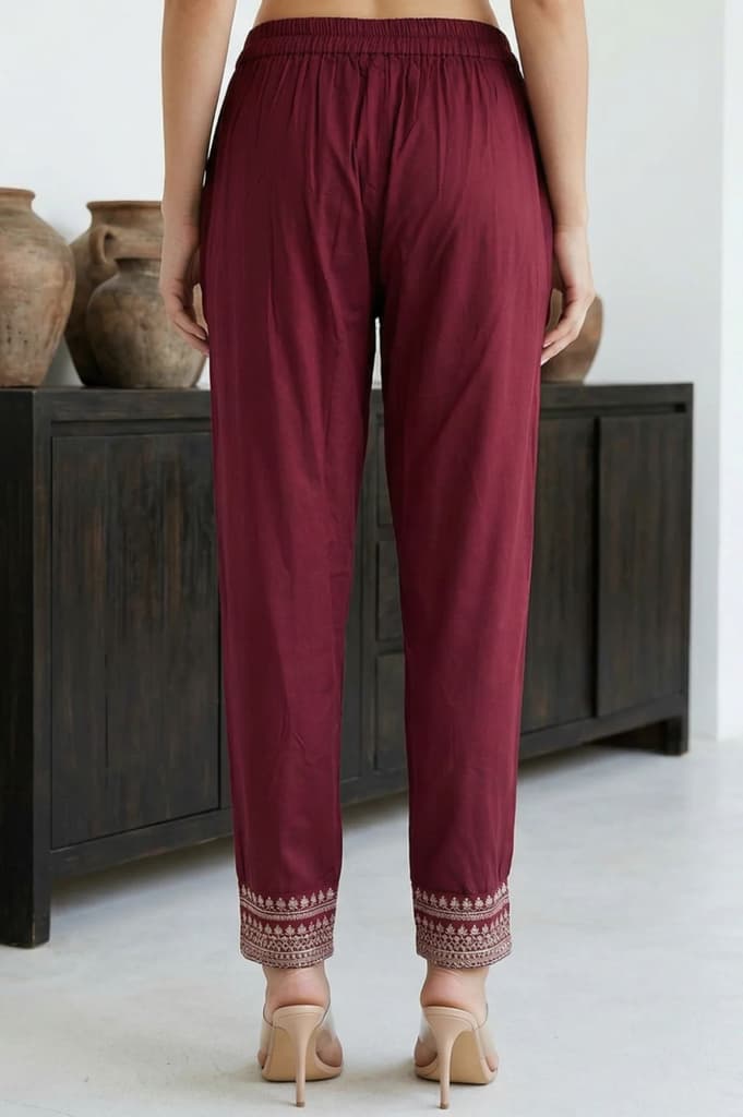 Burgundy Ethnic Motifs Foil Printed Ankle Length Tapered Trousers — photo 3