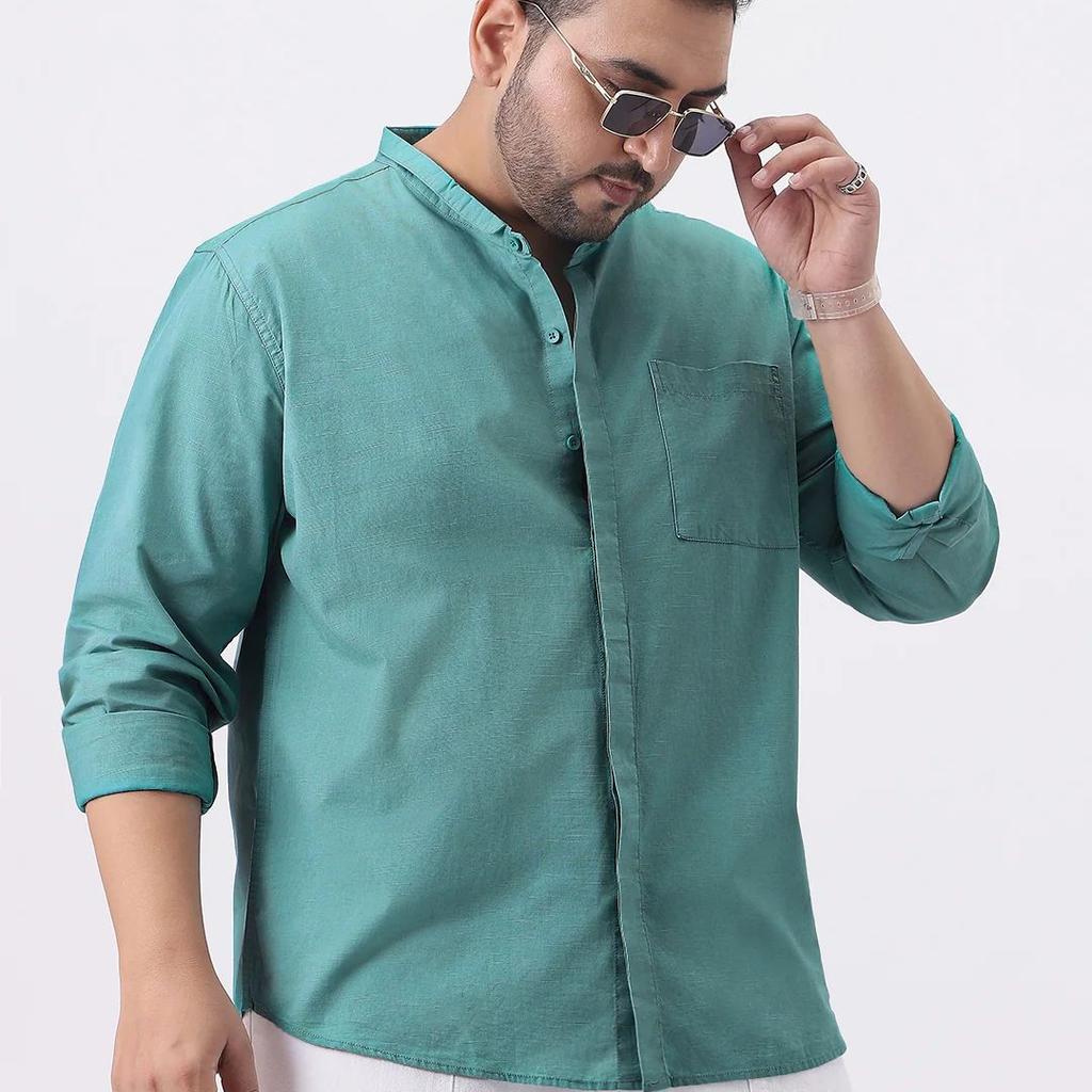 Plus Men's Light Teal Cotton Full Sleeve Regular Fit Casual Solid Shirt with Band Collar