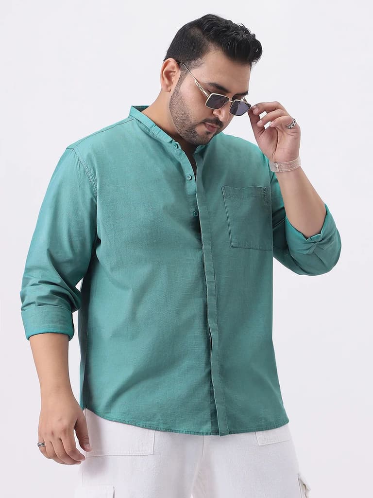Plus Men's Light Teal Cotton Full Sleeve Regular Fit Casual Solid Shirt with Band Collar — XXL / Light Teal