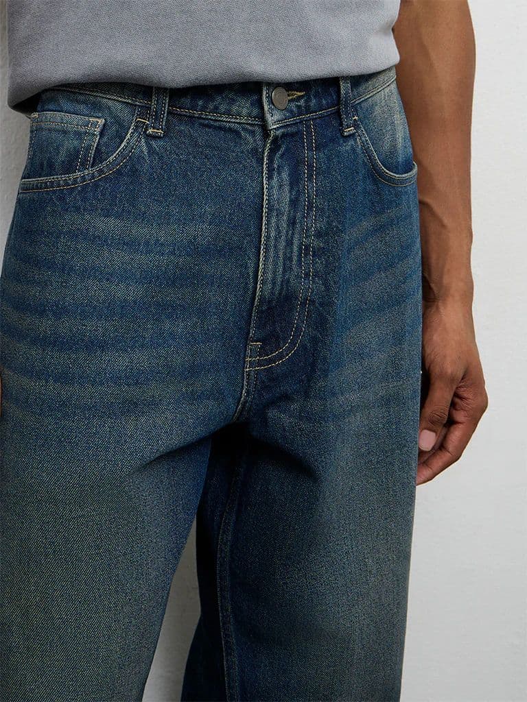 Nuon Blue Mid-Wash Barrel-Fit Mid-Rise Jeans — photo 3