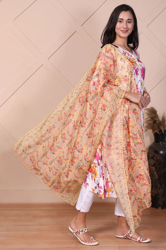 Yellow Floral Printed Organza Dupatta — photo 4