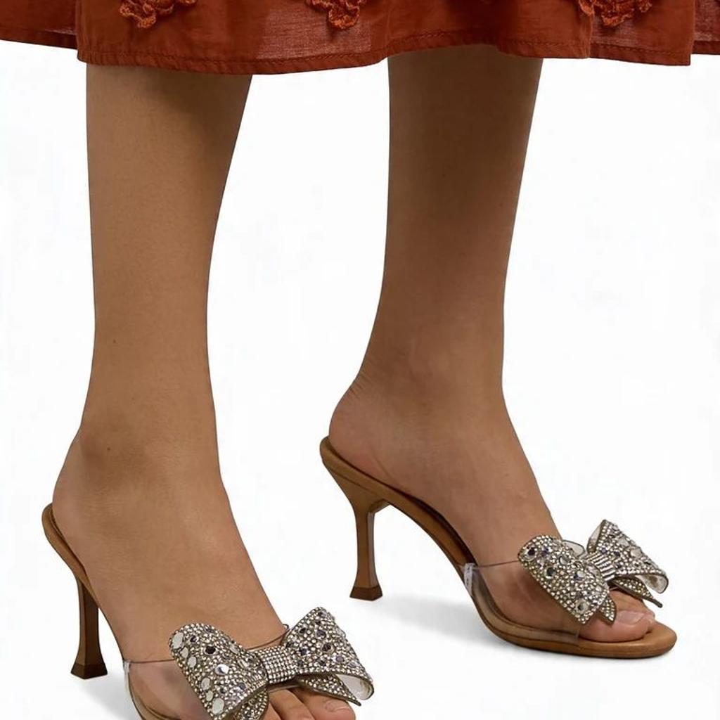 LUNA BLU Beige Rhinestone Bow Embellished Stiletto Sandals