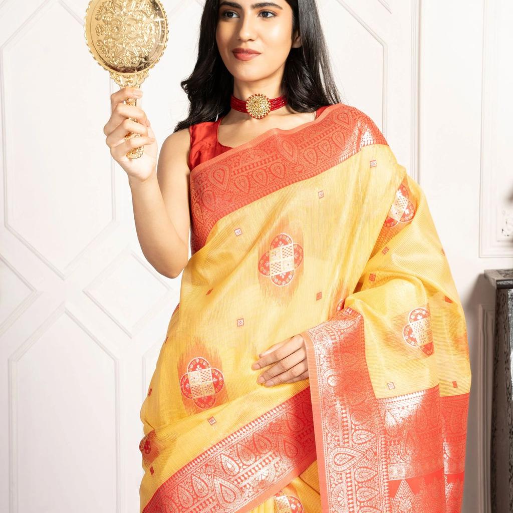 Mimosa Women's Woven Design Kanjivaram Style Art Silk Saree With Blouse Piece : SA00002066GDFREE