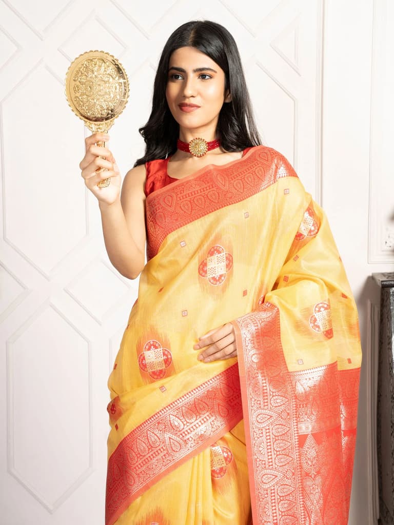 Mimosa Women's Woven Design Kanjivaram Style Art Silk Saree With Blouse Piece : SA00002066GDFREE — Gold