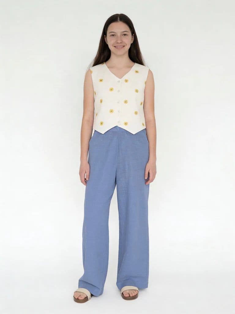 Utsa Kids Girls Blue Solid Cotton Wide-Leg Pants - (8-14 yrs)