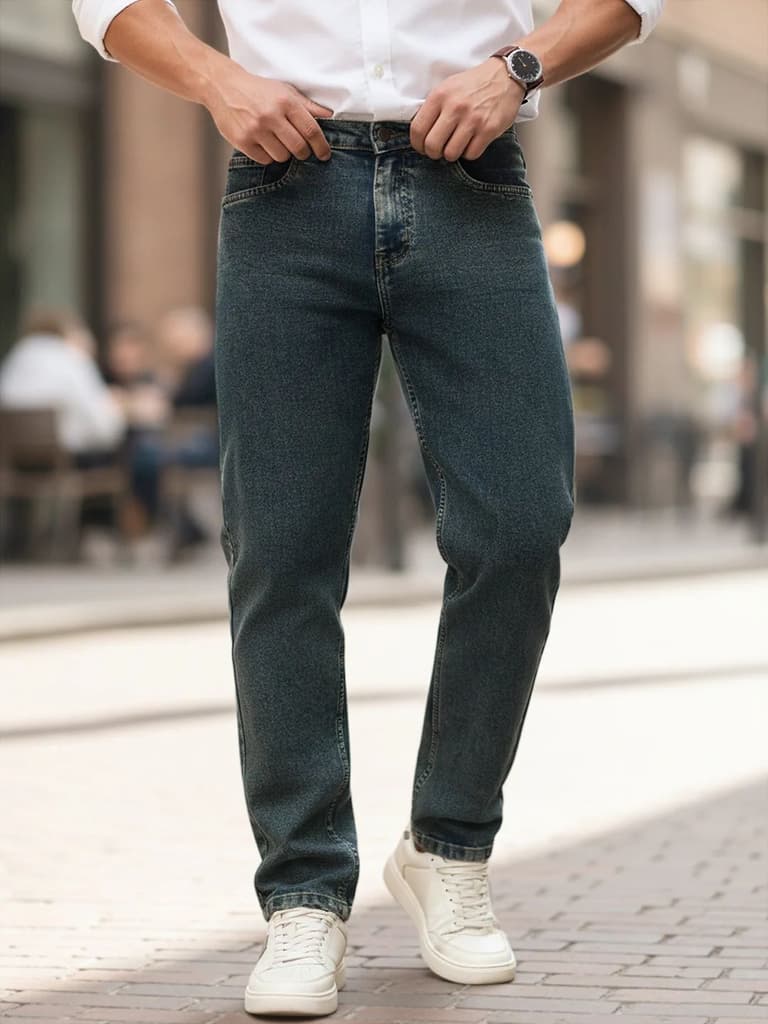 Men's Blue Regular Fit Whisker Wash Yellow Tint Denim Jeans Stretchable — photo 2