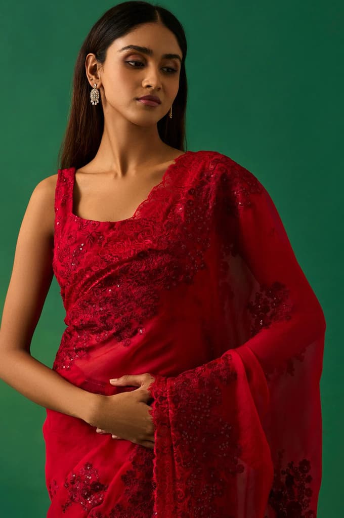 Red Floral Printed Embroidered Sequined Silk Saree with Unstitched Blouse — photo 3