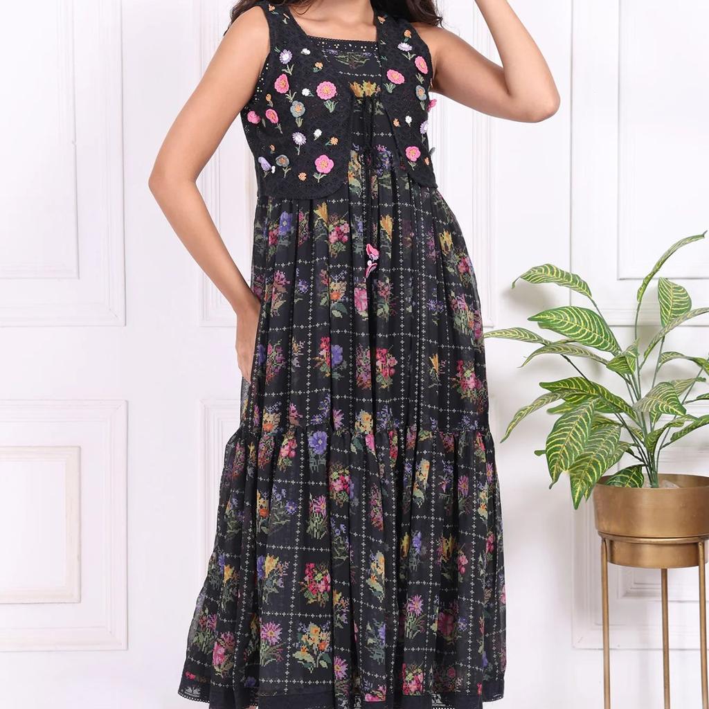 Black Floral Printed Embroidered Fit and Flare Georgette Dress with Waist Coat Set