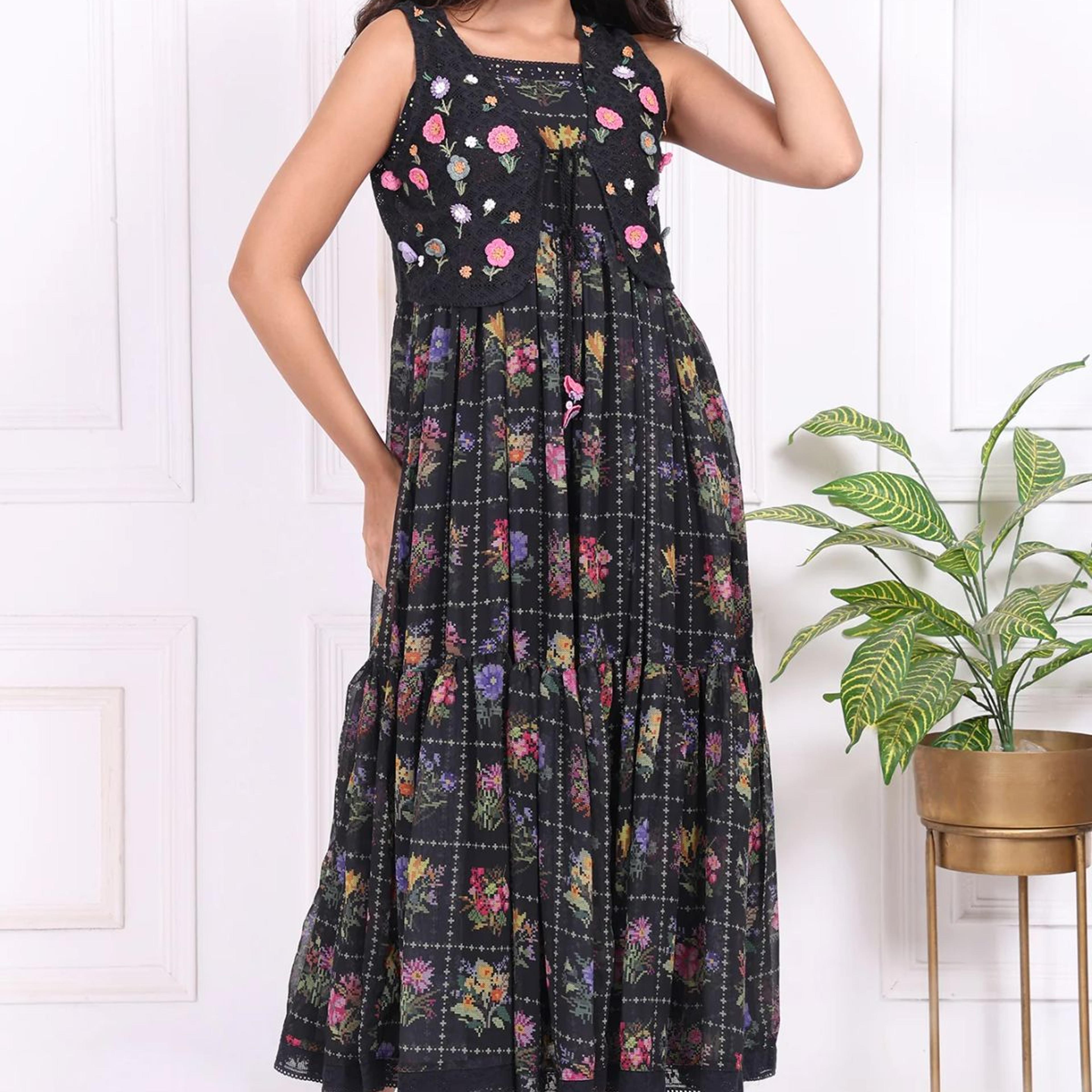 Black Floral Printed Embroidered Fit and Flare Georgette Dress with Waist Coat Set