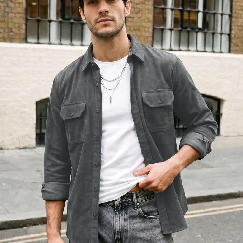 Men's Grey Corduroy Full Sleeve Regular Fit Solid Overshirt with Utility Pockets