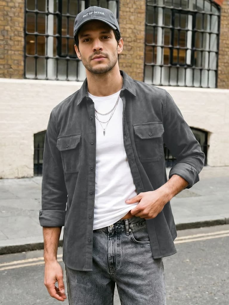Men's Grey Corduroy Full Sleeve Regular Fit Solid Overshirt with Utility Pockets — S / Grey