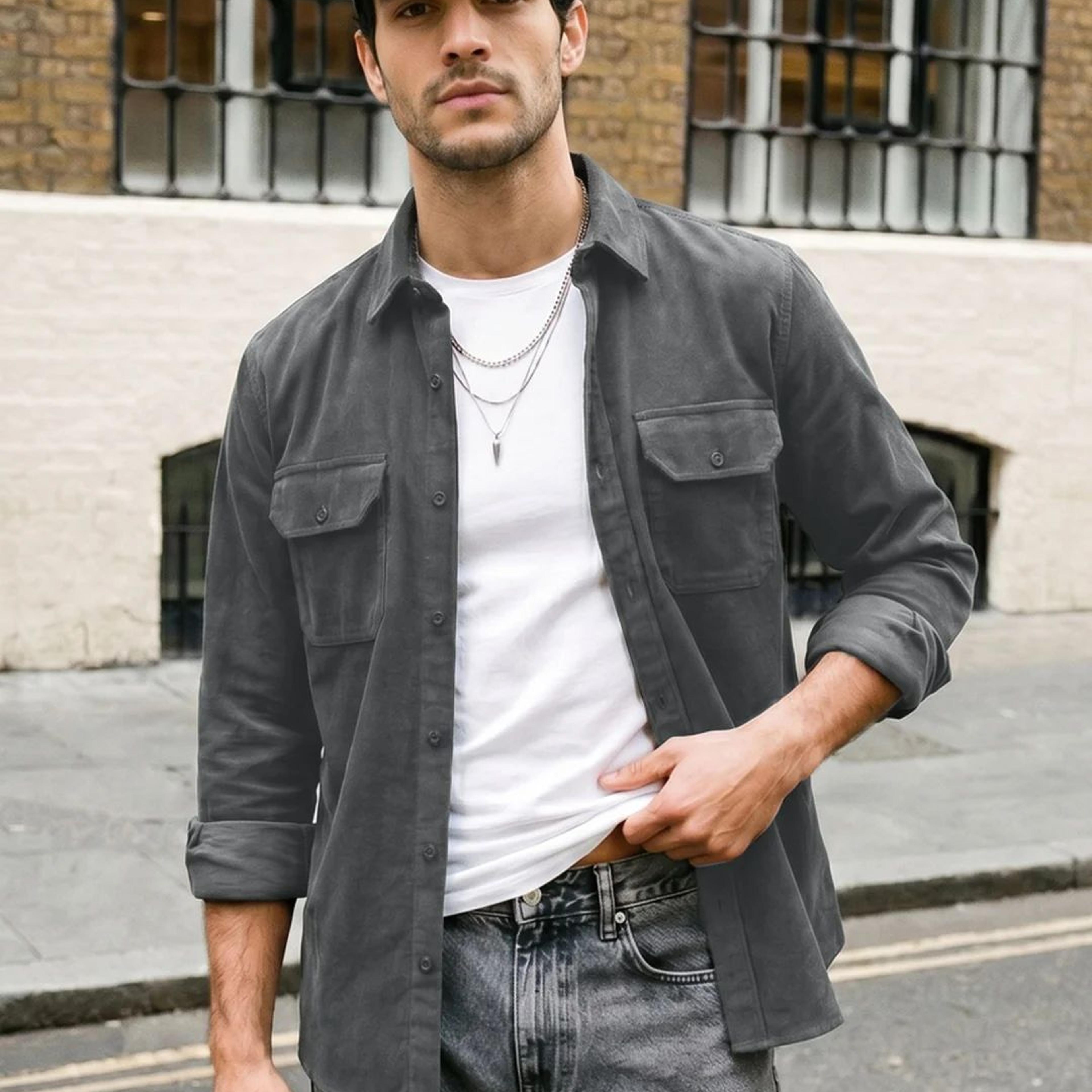 Men's Grey Corduroy Full Sleeve Regular Fit Solid Overshirt with Utility Pockets