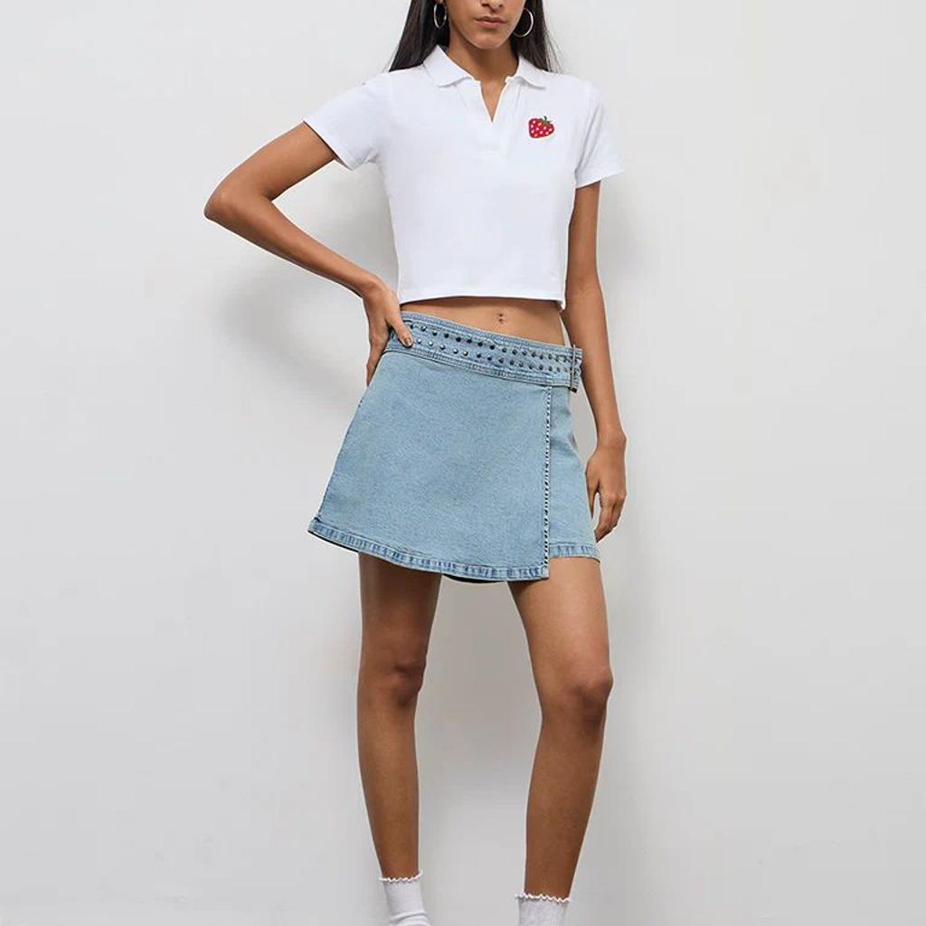Nuon Light Blue Stud Detailed High-Rise Denim Skorts