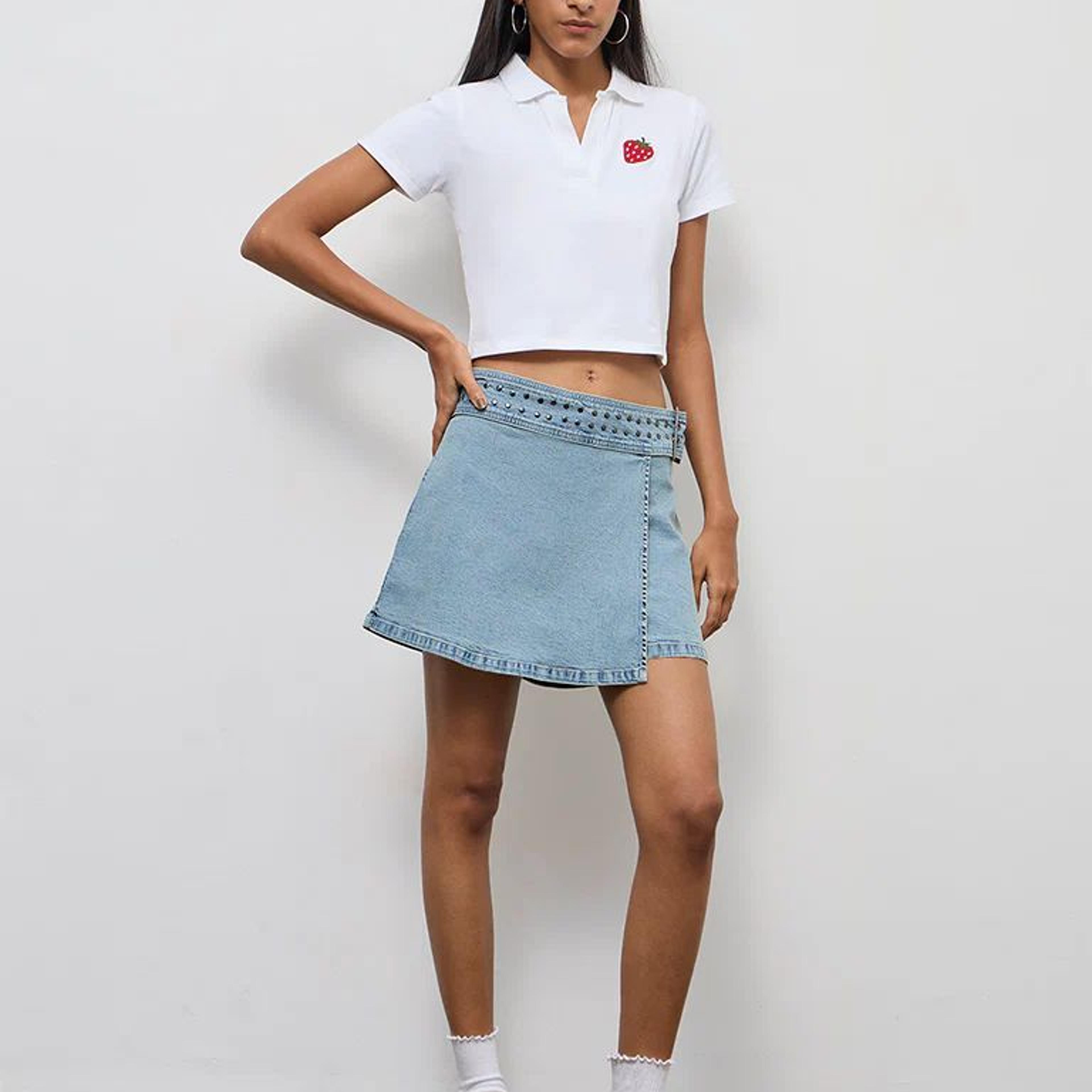 Nuon Light Blue Stud Detailed High-Rise Denim Skorts