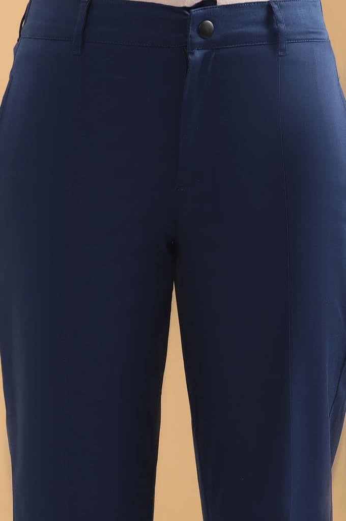 Blue Solid Straight Fit Cotton Pants With Pintuck Detail — photo 6
