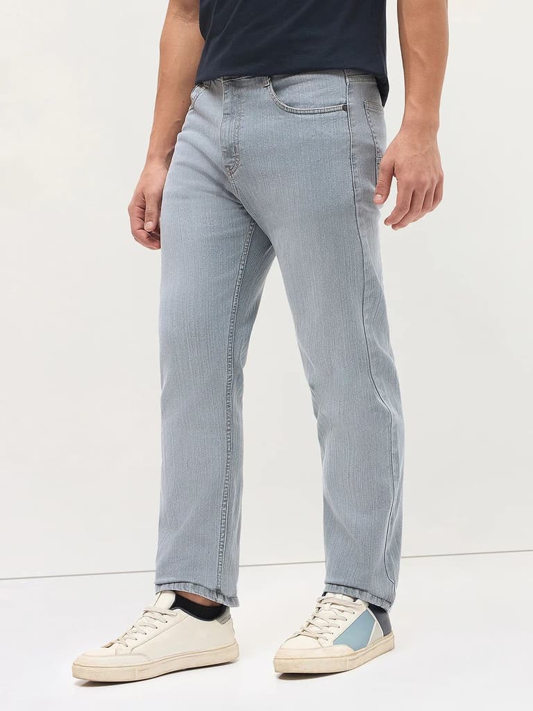 Men's Light Grey Straight Fit Washed Denim Jeans Stretchable — photo 2